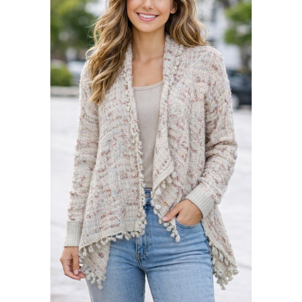 Janice Apparel Women's Cream Textured‎ Tassel Fringe Cardigan Sweater Small NEW